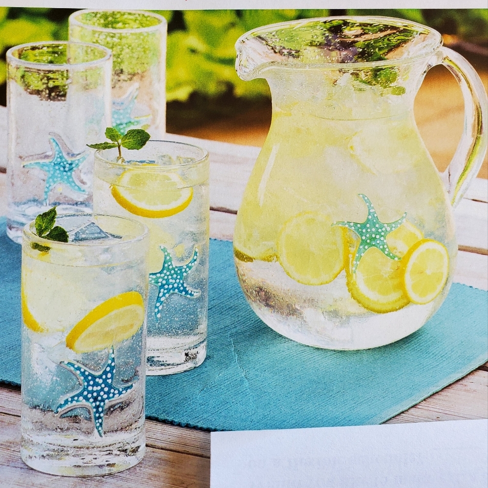Home Interiors 16 oz Glasses/4 and 2 1/2 quart Pitcher set starfish-studded  New
